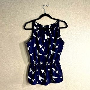 Navy Blue Hummingbird Print Peplum Tank Top by Paper Crane size: M